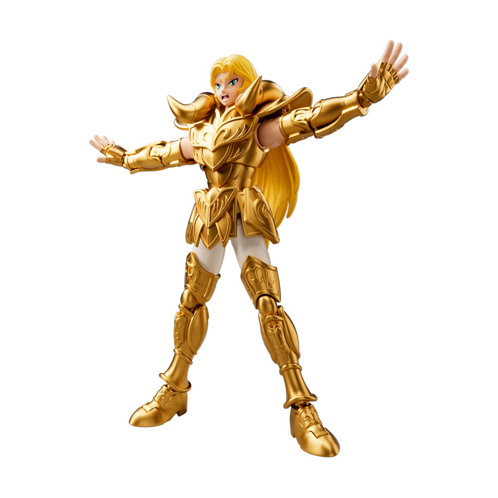 Figura mu de aries saint seiya de Blokees con armadura dorada detallada y pose dinámica Figura mu de aries saint seiya de Blokees con armadura dorada detallada y pose dinámica